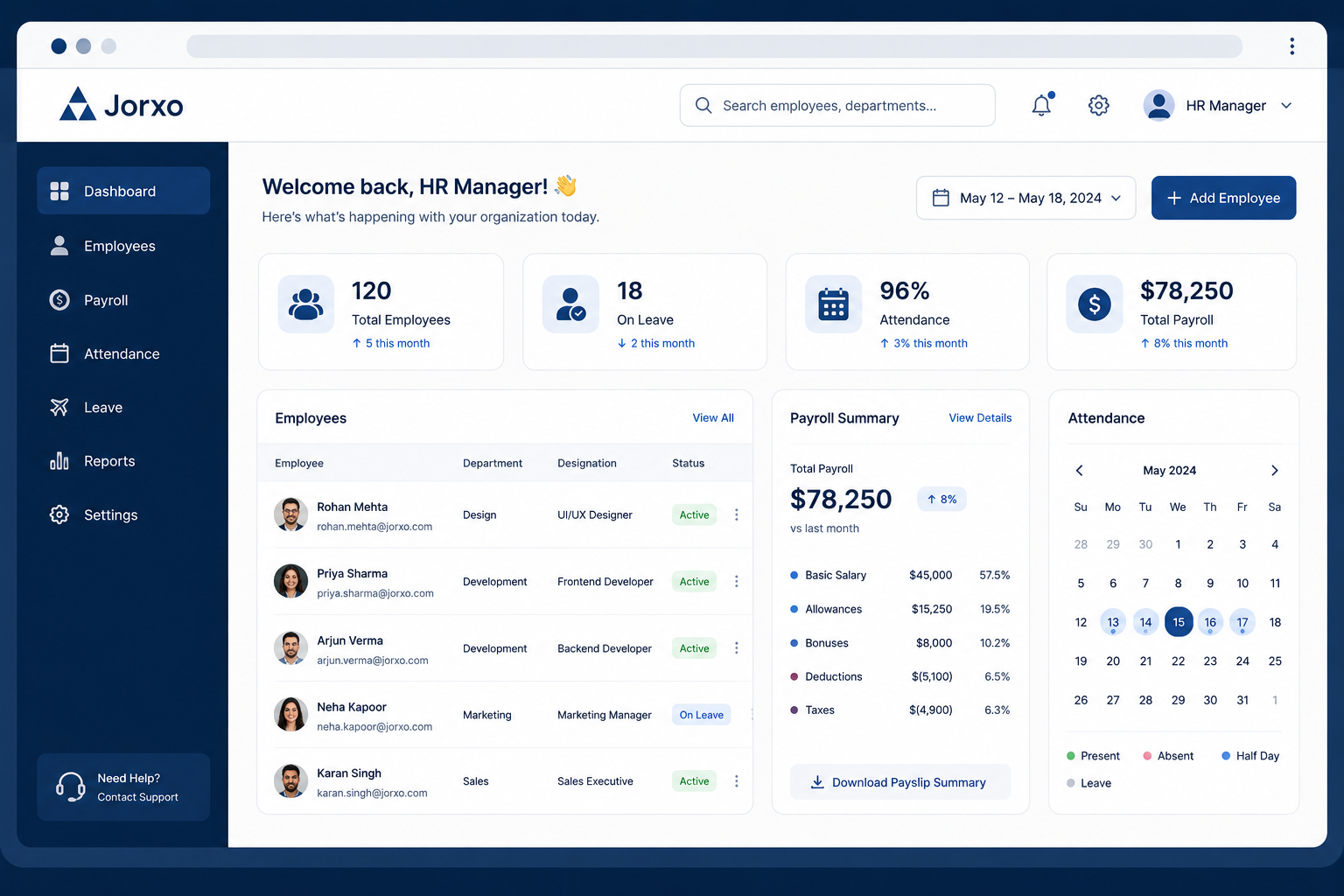 HRMS & Payroll dashboard — Jorxo